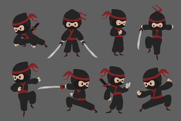 Cute ninja. Cartoon Japanese warrior with sword in different poses. Deft assassin in black camouflage suit attacks with katana or throws metal shuriken. Inconspicuous Asian fighter, vector killers set © SpicyTruffel