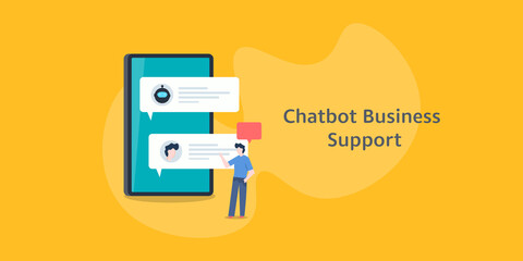 Concept of chatbot business support. AI artificial intelligence smart viral assistant helping customer conversation smartphone. Flat design vector banner illustration.