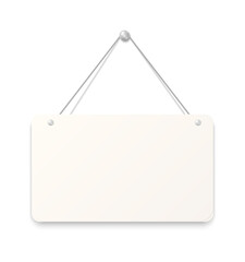 Hanging sign. Realistic blank signboard. White paper sheet attached to wall with metallic button. Empty square cardboard with rounded edges. Reminder pinned by silver metal nail. Vector signage mockup
