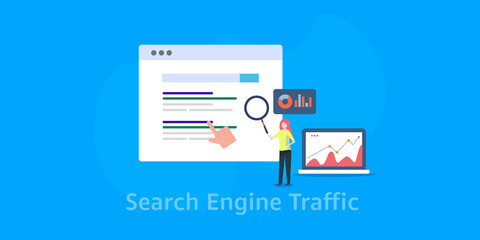 Business woman stands near search engine page  analysing web traffic and seo ranking concept. Business data on laptop screen. Flat design banner illustration.