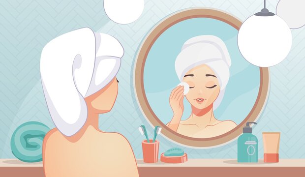 Girl Skin Care. Cartoon Beautiful Girl In Bathroom Cleaning Her Face Skin And Using Night Lotion. Mirror Reflection, Female Daily Routine And Beauty Procedure Organic Cosmetic And Cream Vector Concept