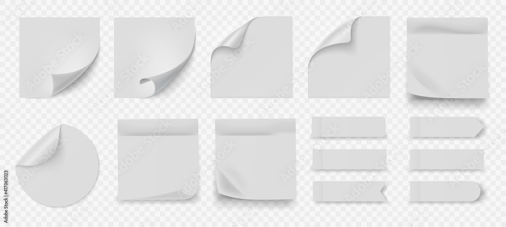 Poster White sticky note. Realistic square and round blank papers with adhesive edges. Folded corners sheets or stickers. Collection of isolated glued reminders. Empty crumpled memos, vector notepad set