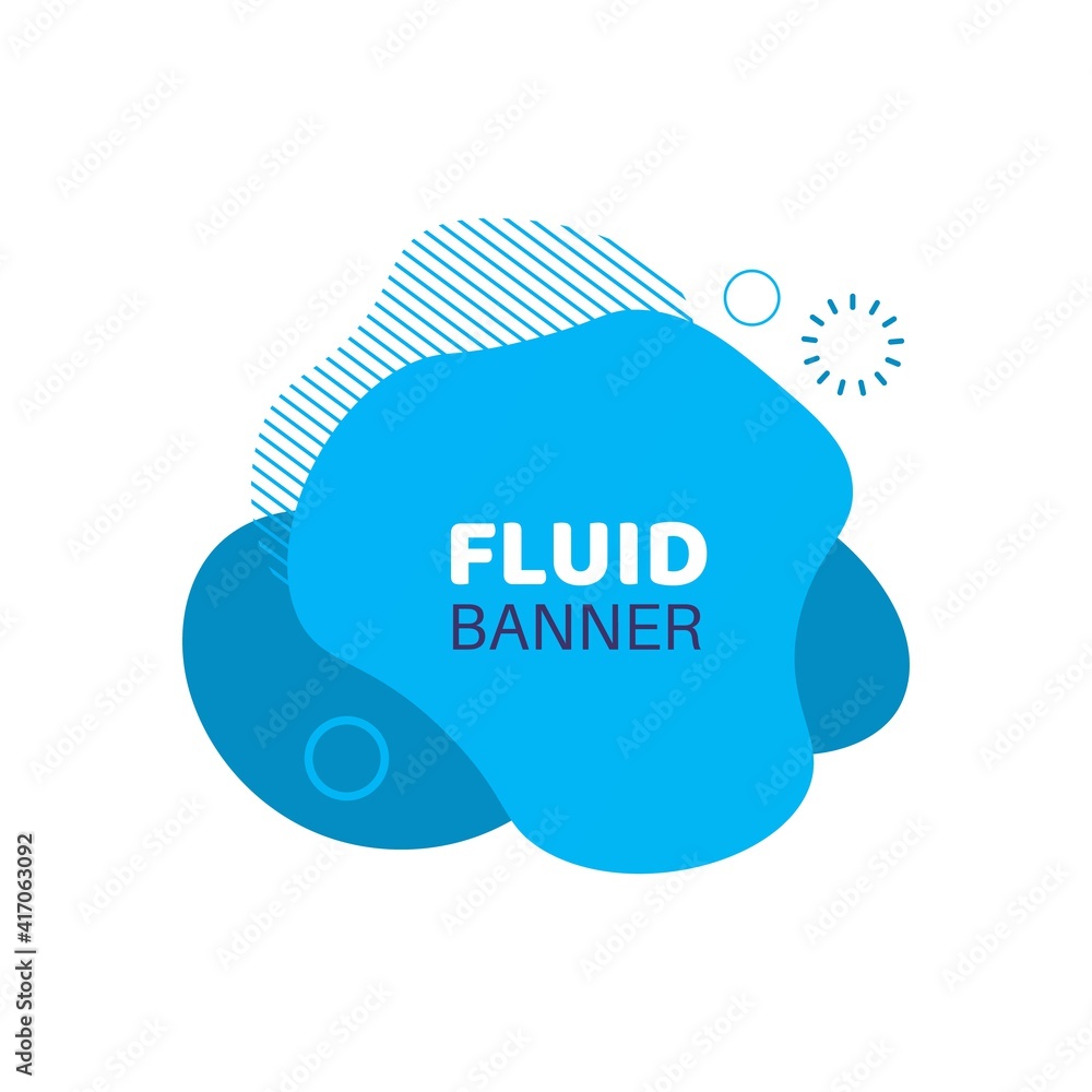 Poster Blue fluid background. Abstract doodle banner. Multilayer imposition of liquid stains. Minimal geometric round shapes, outline circles and shading forms. Vector decorative aqua bubble with copy space