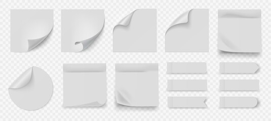 White sticky note. Realistic square and round blank papers with adhesive edges. Folded corners sheets or stickers. Collection of isolated glued reminders. Empty crumpled memos, vector notepad set