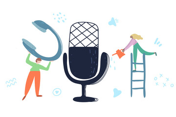 clubhouse concept, podcast show hand drawn flat vector illustration. man with headphones and microphone cartoon character. Internet radio broadcasting, multimedia entertainment abstract concept