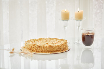 Cake  and coffee. Morning minimalism concept