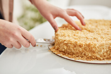 Girl is cutting a homemade cake close up