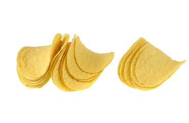 close up on fried potato chips isolated on white background
