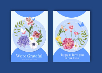 Thank you card template with spring bright concept design watercolor illustration