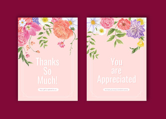 Thank you card template with spring bright concept design watercolor illustration