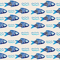 Seamless pattern with fishes, marine life, fish, waves in vintage style. Good for textiles, wallpaper, gift wrapping, interior printing. Drawn by hand with watercolors