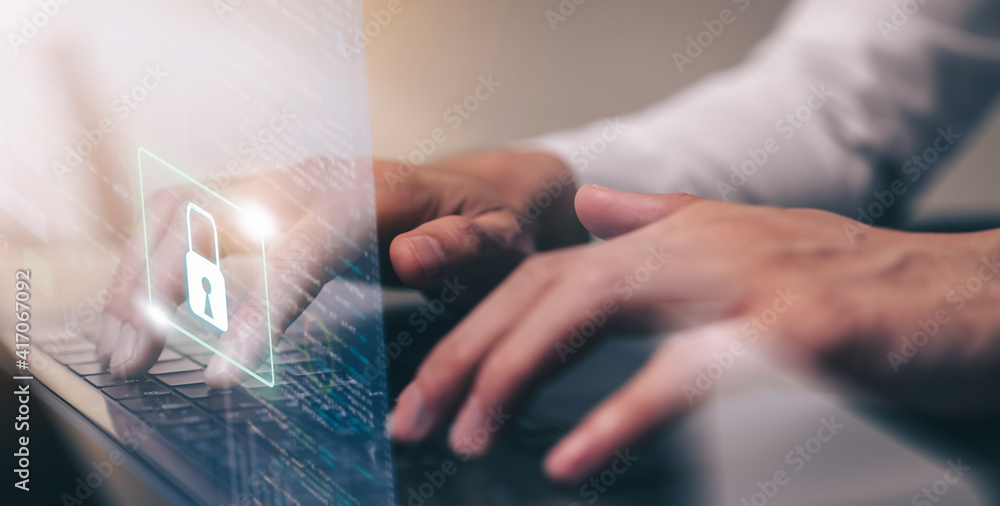 Poster technology concept with cyber security internet and networking, businessman hand working on laptop, 