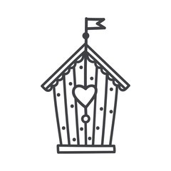Spring birdhouse icon with heart in doodle line style isolated on white background. Sketch vector illustration.
