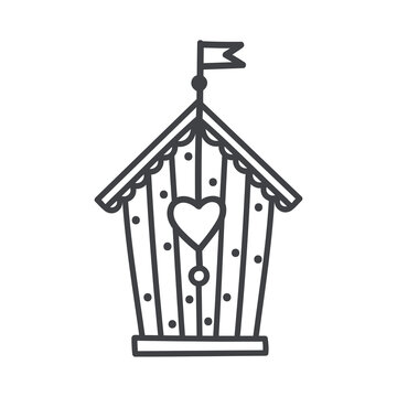 Spring birdhouse icon with heart in doodle line style isolated on white background. Sketch vector illustration.