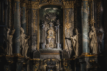 Fototapeta na wymiar LVIV, UKRAINE - FEBRUARY 13, 2021: Interior of The Archcathedral Basilica of the Assumption of the Blessed Virgin Mary or the Latin Cathedral. Cathedral altar. Main altar.