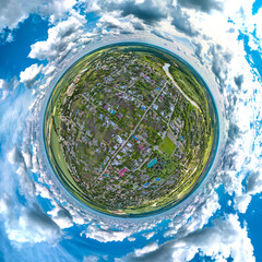 little planet 360-pano - the center of a small village near the fast mountain river Laba - summer sunny day