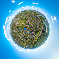 little planet 360-pano - school and the center of the village of Nekrasovskaya near the Laba River - summer sunny day