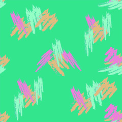 Seamless pattern of orange, pink and blue elements on a turquoise background. For textiles, wallpapers and backgrounds.