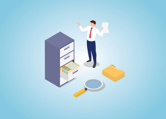 document search with file stack and cabinet with modern isometric style