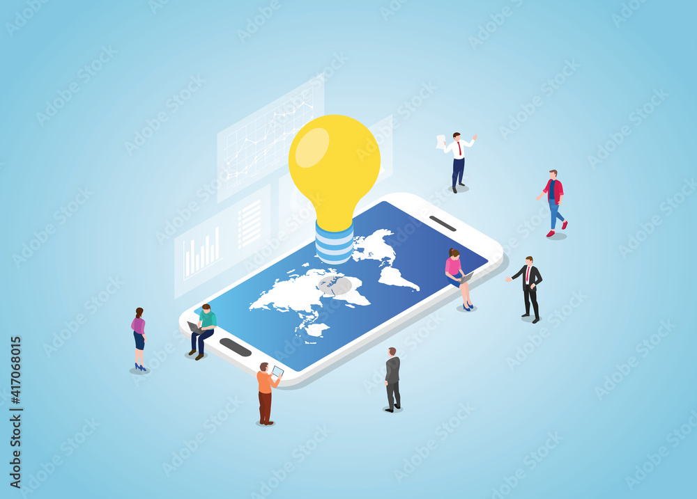 Poster global idea concept on smartphone with world maps with modern isometric style