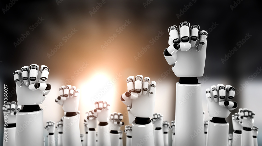 Poster robot humanoid hands up to celebrate success achieved by using ai artificial intelligence thinking a