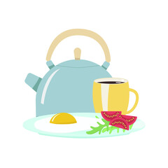Breakfast. Fried egg with tomatoes and lettuce, a teapot and a cup of tea.