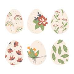 Set of decorated Easter eggs. Spring print decor and flowers. Flat design, vector illustration