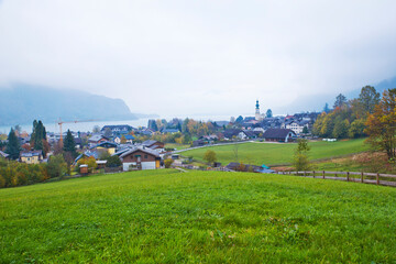 View of alpine village St. Gilgen and Wolfgangsee lake, Austria.