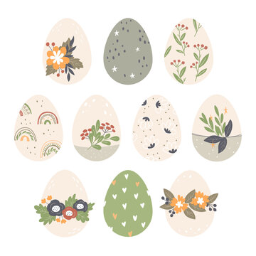 Set of Easter eggs with different decor and texture. Happy Easter. Vector Illustration.