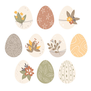 Decorated Easter eggs. Plants and flowers prints and decor. Spring holiday. Happy easter eggs
