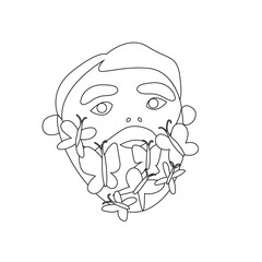 Cartoon guy with a beard and butterflies. A bearded hipster with insects. Black and white illustration for coloring pages. People drawn in the doodle style.