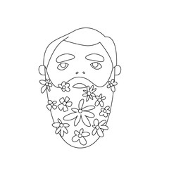 Cartoon guy with a beard and flowers. A bearded hipster with flowering plants. Black and white illustration for coloring pages. People drawn in the doodle style.