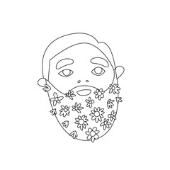 Cartoon guy with a beard and flowers. A bearded hipster with flowering plants. Black and white illustration for coloring pages. People drawn in the doodle style.