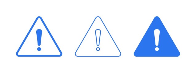 Warning sign icon in flat and line style. Attention or Danger sign element for UI. Set of blue warning attention icons.