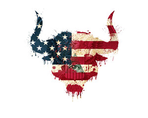 Isolated silhouette of bull head in american flag colors with paint splatter, blood flowing down and eagle on dollar. American flag silhouette in a form of a bull head with blood splash, dollar bill.
