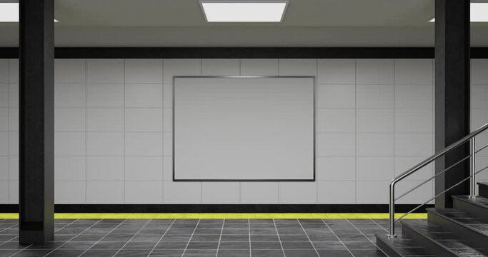 Mockup of a blank white advertising urban billboard indoors in subway hall; empty information banner placeholder template on the metro or railroad station