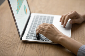 Crop close up of businesswoman use computer work with financial diagrams or graphs on gadget. Woman manage budget or finances typing preparing report on laptop in office. Bank, account concept.