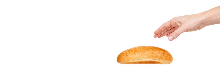 Hand with fresh bun isolated on white background.