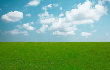 Obraz na płótnie Canvas An empty green grass field with blue sky and white clouds
