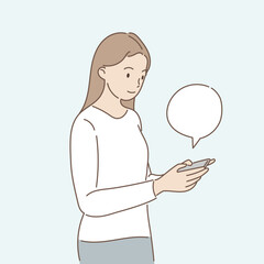 Woman chatting through a mobile application. Online communication concept. Hand draw style. Vector illustration.