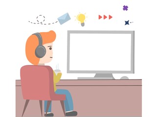 Illustration of man sitting on red chair looking at white screen computer monitor on white background.