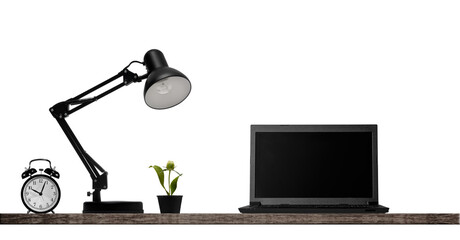 black lamp and laptop stand on desk