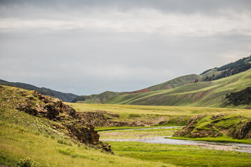 Obraz premium Endless steppe in the valley at the foot of the mountains, bathed in bright sunlight. Amazing view on green mountains. mountain, covered with green trees, under a blue sky with clouds.
