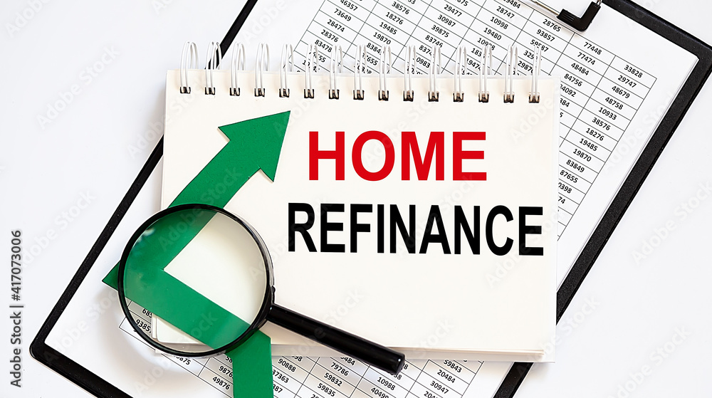 Poster notebook with tools and notes about home refinance with chart,business