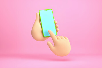 Cartoon hands with smartphone on pink background