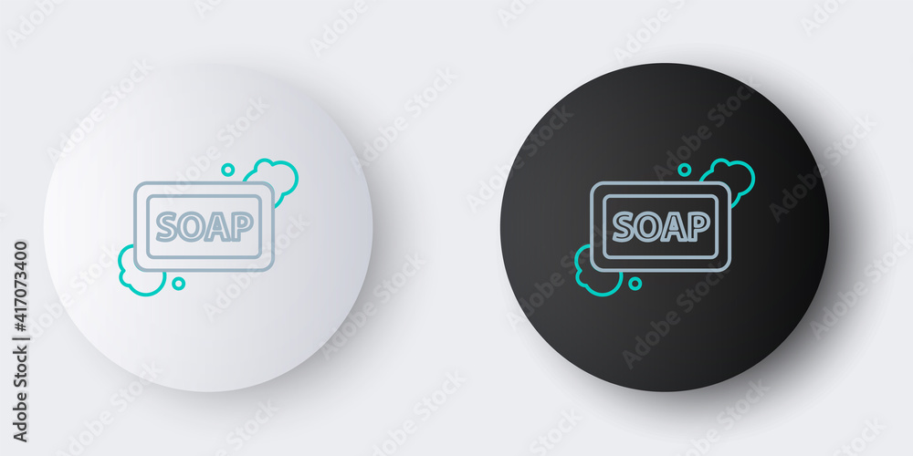 Poster line bar of soap with foam icon isolated on grey background. soap bar with bubbles. colorful outline