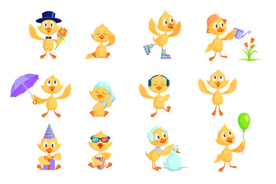 Cartoon duckling set. Cute funny yellow baby chicks or ducks different activities, celebrating birthday, watching movie, dancing, sleeping. For cartoon character, preschool education concept