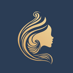 Hair salon logo.Long, wavy hairstyle woman.Profile view portrait.Hairdresser icon.Elegant style.Young lady face isolated on dark background.Beauty studio.Golden color.