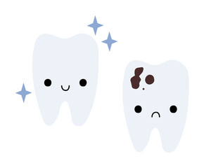 Cute tooth character: healthy tooth with smile and tooth with caries with sad face. Kawaii teeth. Plaque bacteria. Oral care. Dental cavity, teeth hygiene. Vector flat cartoon illustration