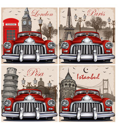 Set of vintage car travel poster.London,Paris,Italy,Moscow.